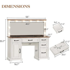 55'' Farmhouse Vanity Desk with Mirror and Lights, Large Makeup Table with Charging Station, Glass Tabletop & 5 Drawers