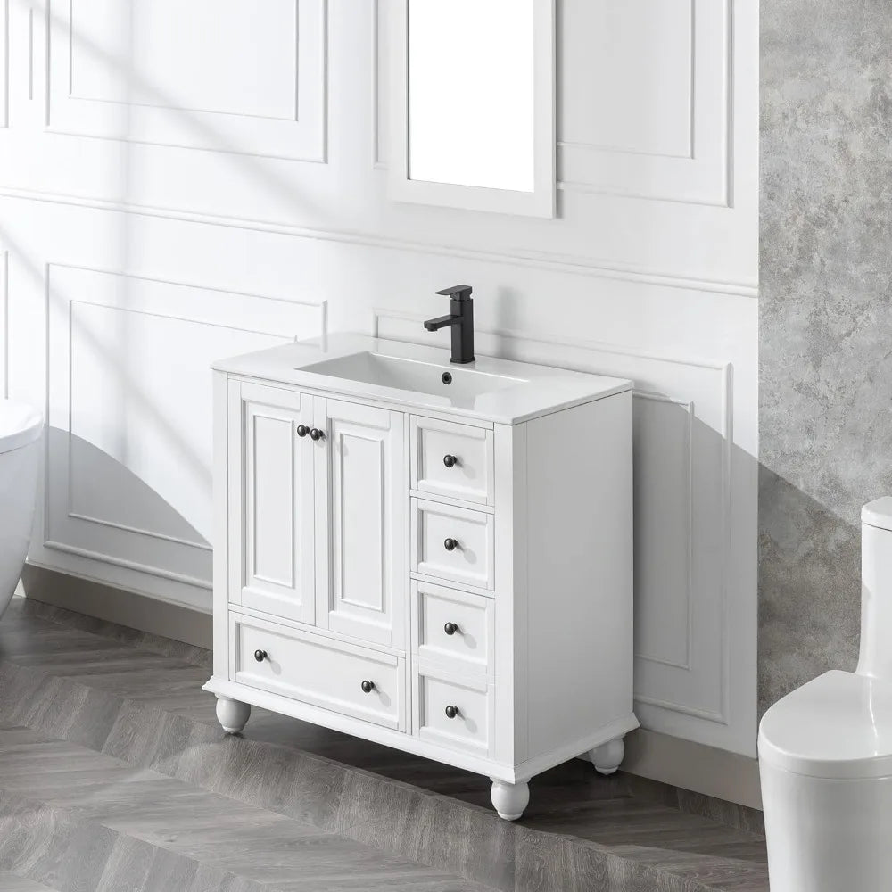 36" Bathroom Vanity Sink Combo with Solid Wood Construction & Vintage Design – 5 Drawers, 2 Doors Storage Cabinet