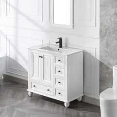 36" Bathroom Vanity Sink Combo with Solid Wood Construction & Vintage Design – 5 Drawers, 2 Doors Storage Cabinet