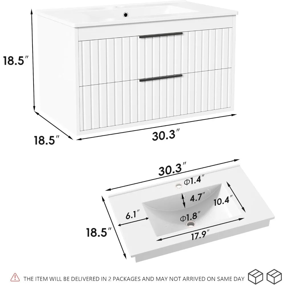 30" Wall-Mounted Bathroom Vanity with Sink and 2 Soft-Close Drawers