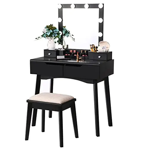 Black Vanity Desk with Lighted Mirror, 4 Drawers & Stool