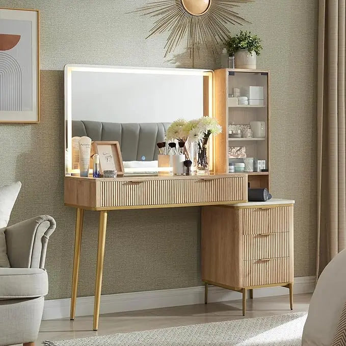 Fluted Makeup Vanity Desk with 36" Lighted Mirror & Glass Top | 48" Wide Dressing Table with Drawers & Shelves
