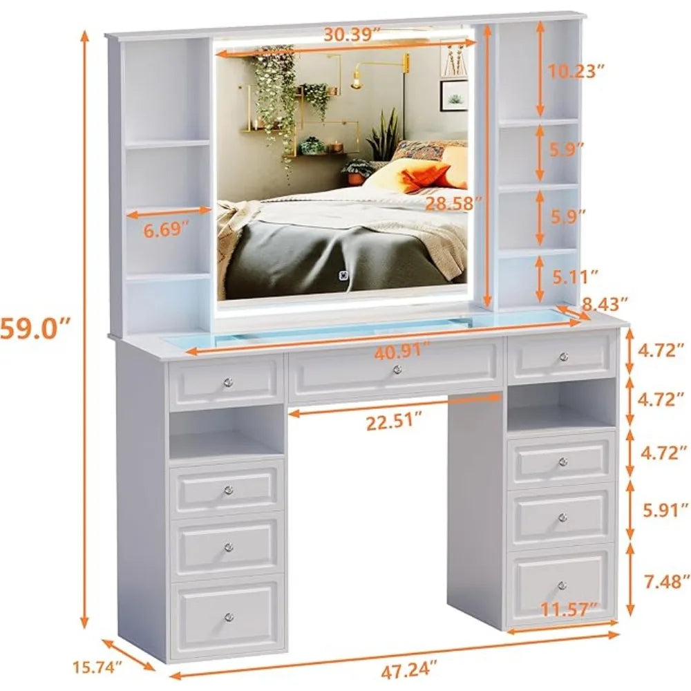 Modern European Style Vanity Set with Lighted Mirror, 12 Color Lighting, RF Remote, 9 Drawers, Extra Large Makeup Table