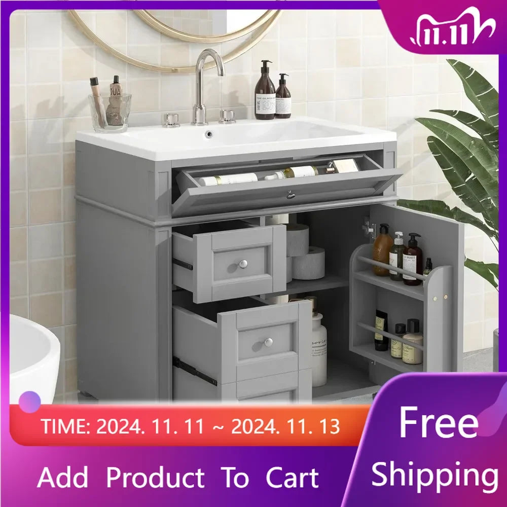 30" Bathroom Vanity with Sink – Freestanding Cabinet with 2 Drawers & Tip-Out Drawer