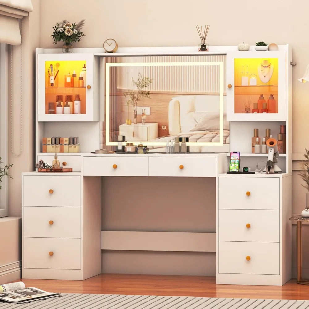 62-Inch Large Vanity Desk with Glass Top, RGB LED Lights, Power Outlet & Mirror