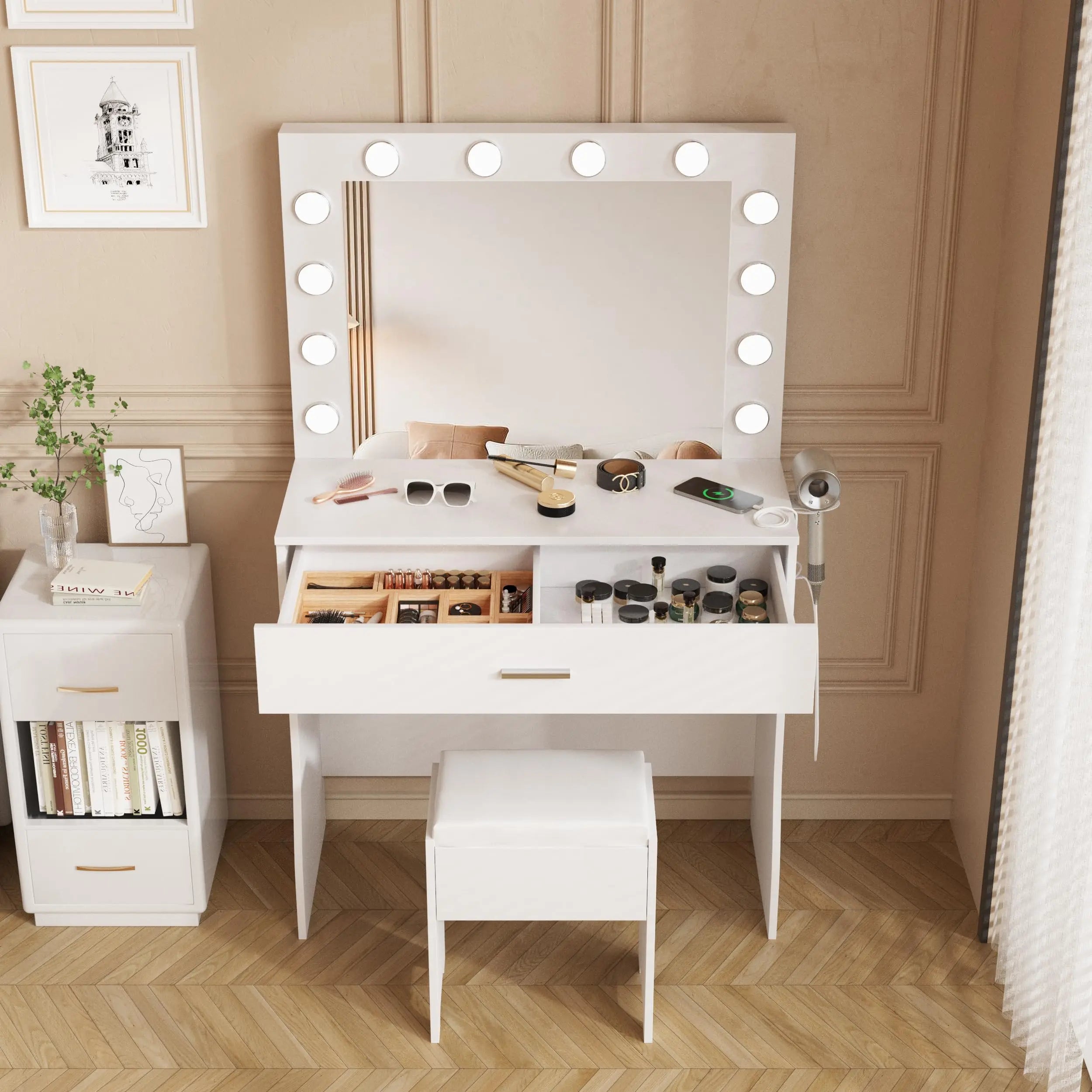 Small Vanity Desk with Mirror, Lights & Storage – Makeup Table with Drawer & Cushioned Stool