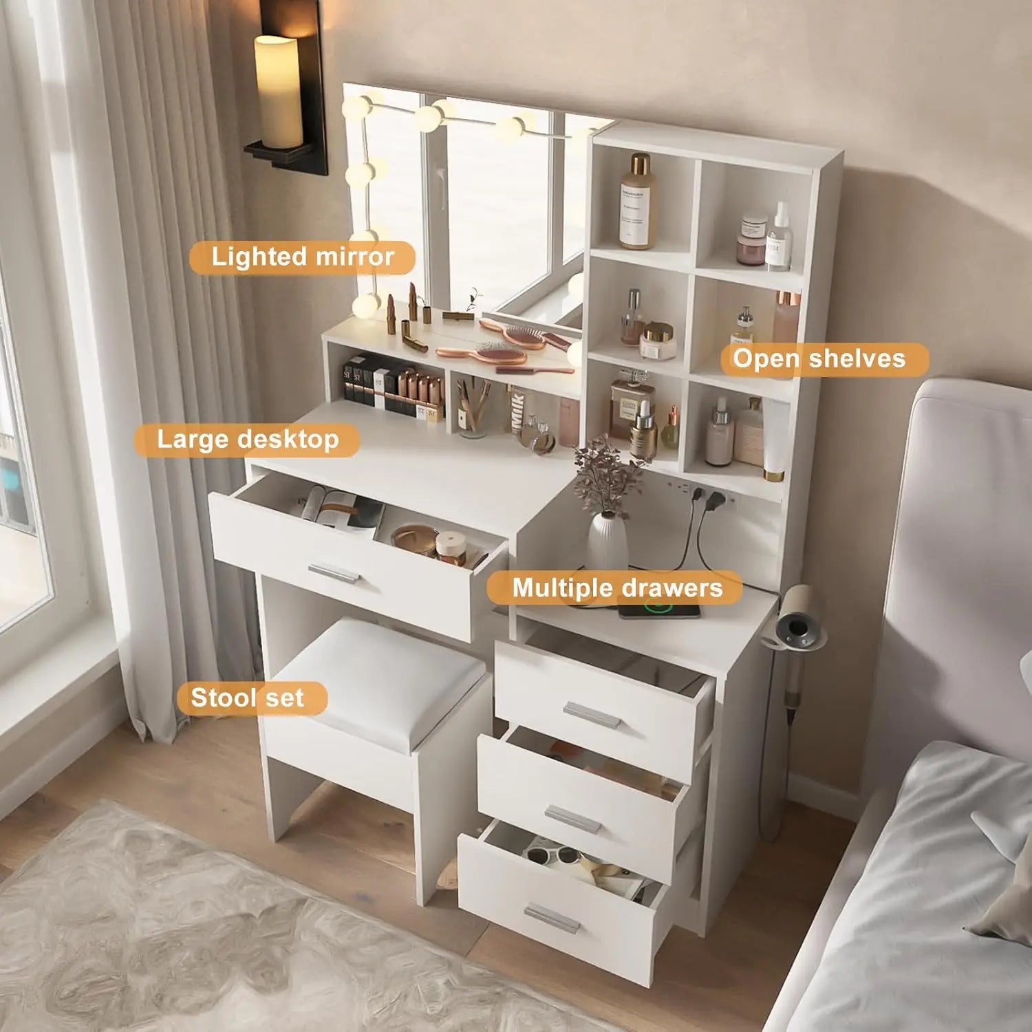 White Vanity Desk with Mirror and Lights – Makeup Vanity Table with Charging Station, Adjustable Lighting & Storage Shelves