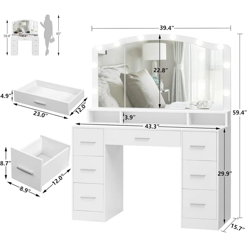 Usikey 43.3" Makeup Vanity Table with Lighted Mirror – 7 Drawers, 10 Bulbs & 3 Lighting Colors, Large Dressing Table