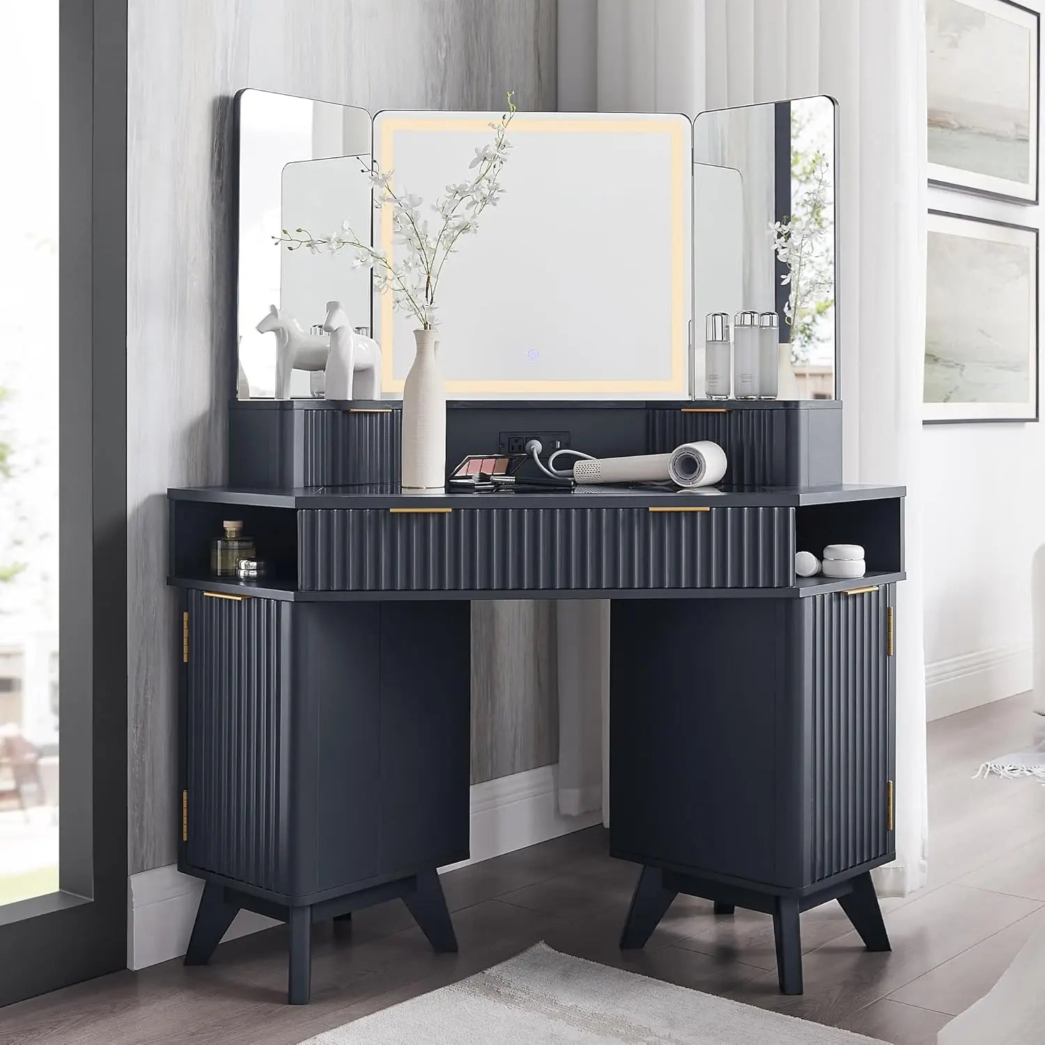 Fluted Makeup Vanity Desk with 3-Way Mirror, LED Lights & Charging Station