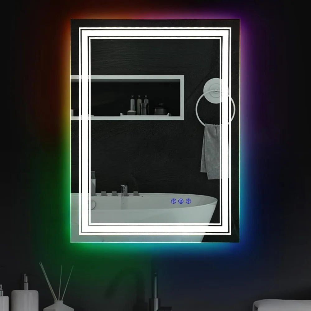 31.5"x23.6" Smart LED Bathroom Mirror – RGB Backlit & Front Lighted Vanity Mirror with Anti-Fog, Dimmable Brightness & Memory