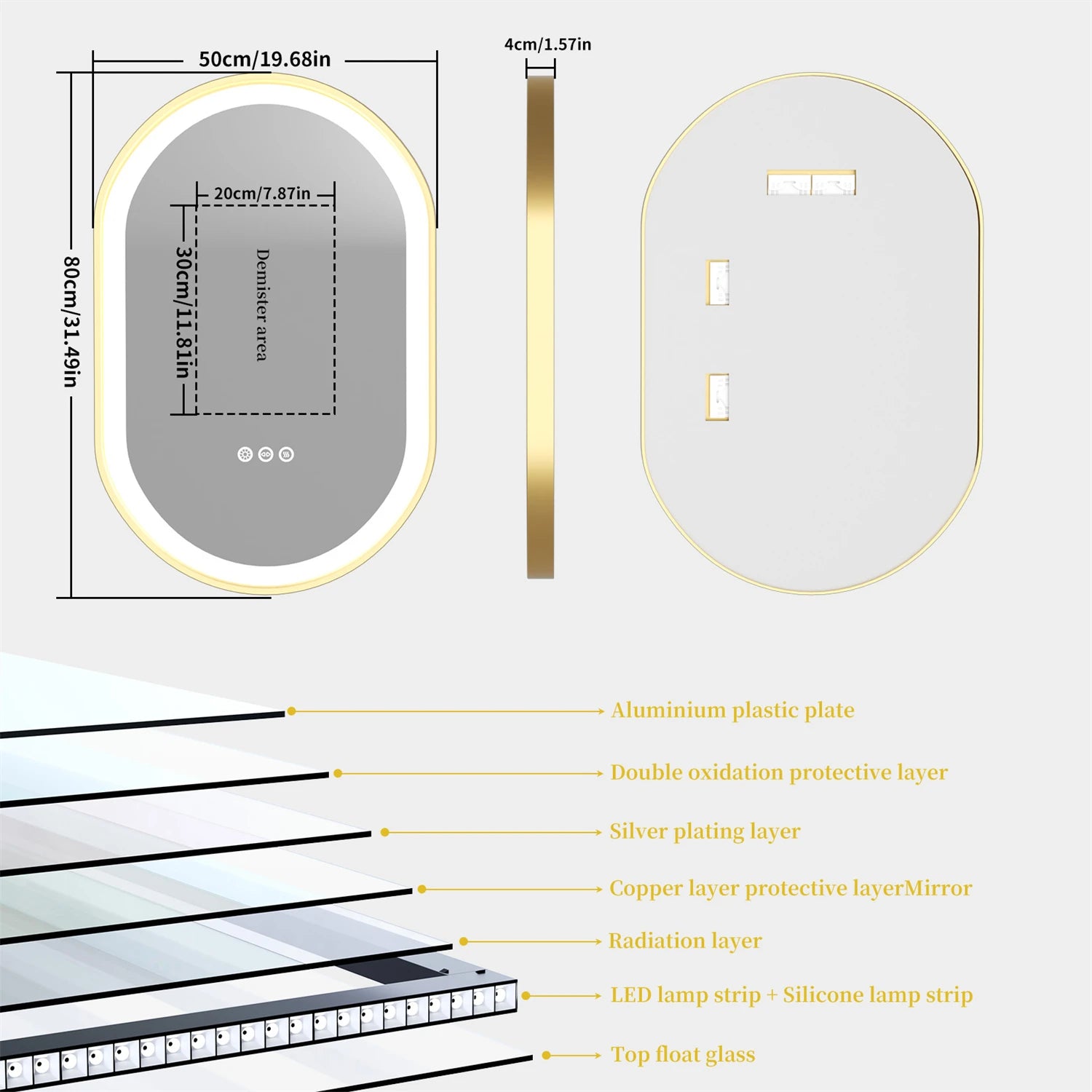 Gold Frame Oval LED Bathroom Mirror – Anti-Fog Smart Vanity Mirror with Dimmable Lighting & Memory Function