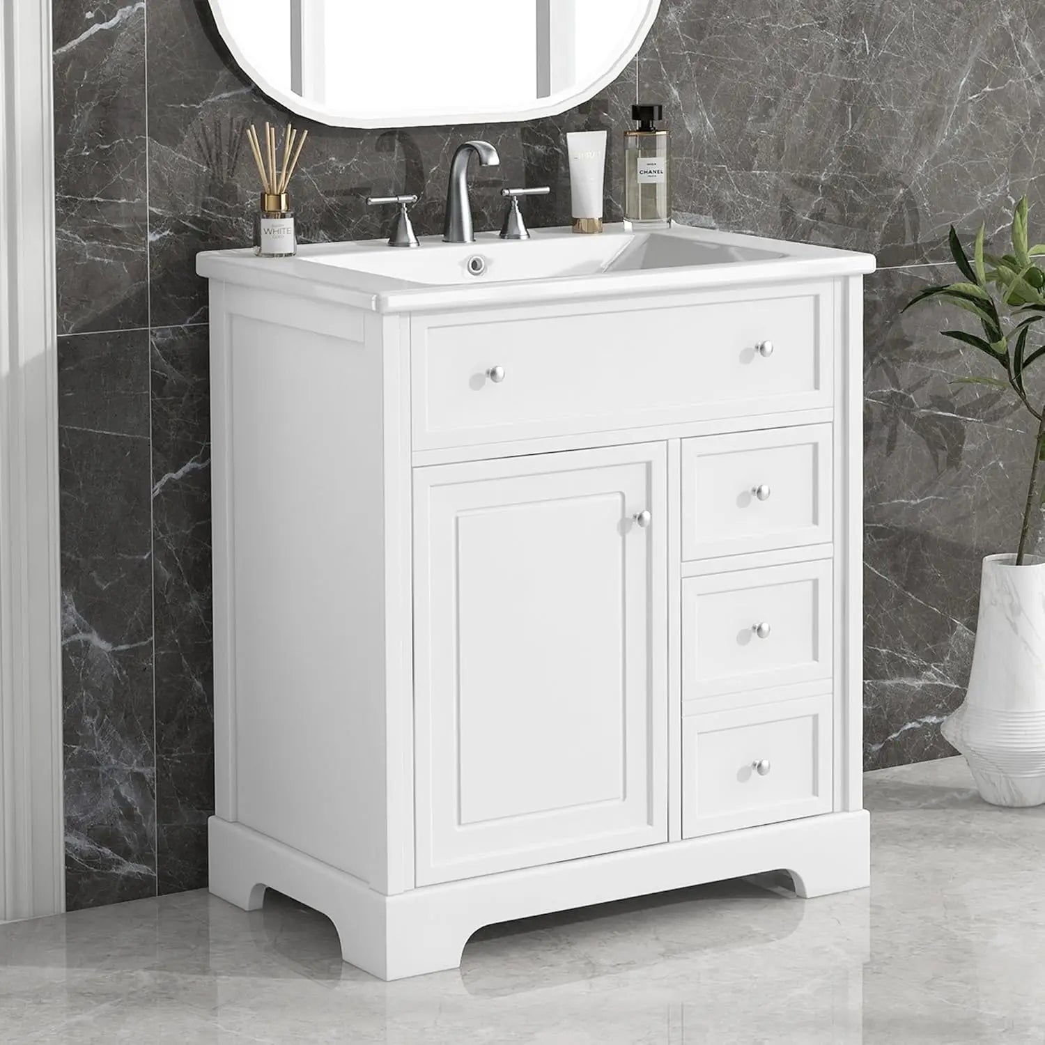 30" Bathroom Vanity with Sink – White Freestanding Cabinet with 2 Drawers, Soft-Close Door & Integrated Sink