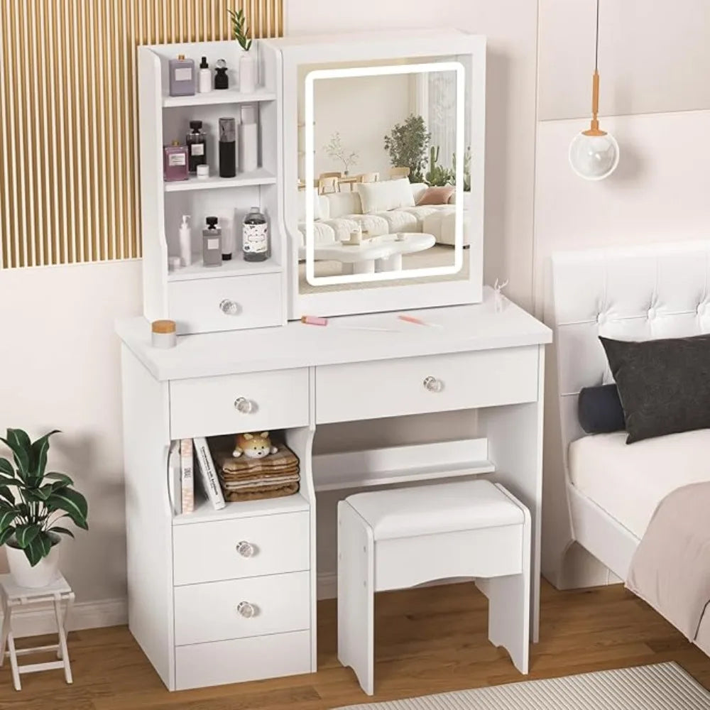 Makeup Vanity Desk with Mirror & Lights Vanity Table with 5 Drawers, Storage Shelves & 3-Color LED Lighting Modes
