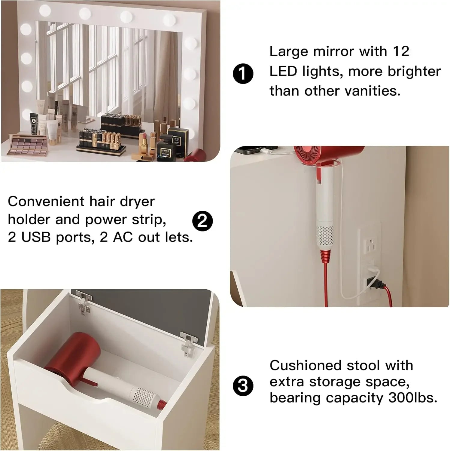 Makeup Vanity Desk with Mirror & 12 LED Lights – White Vanity Set with Charging Station & Storage Stool