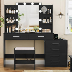 48" Large Vanity Desk with Mirror & Lights – Makeup Vanity with Power Outlet, 6 Drawers & Storage Shelves