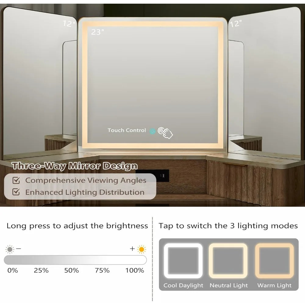 Fluted Makeup Vanity Desk with 3-Way Mirror, LED Lights & Charging Station