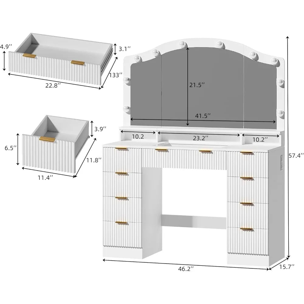 46" Fluted Makeup Vanity Desk with Glass Top, Mirror & Lights – 9 Drawers, Power Outlet & Adjustable LED