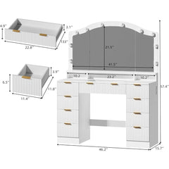 46" Fluted Makeup Vanity Desk with Glass Top, Mirror & Lights – 9 Drawers, Power Outlet & Adjustable LED