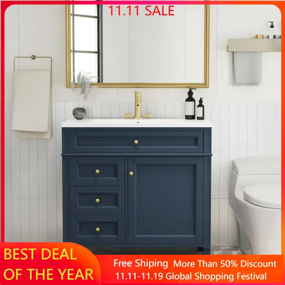 36" Freestanding Bathroom Vanity with Sink – Modern Storage Cabinet with Drawers & Flip-Down Organizer
