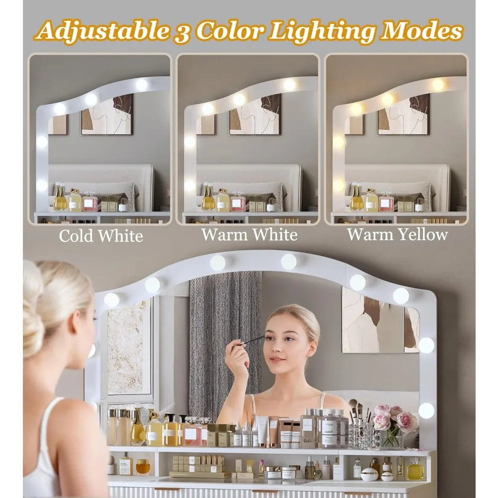 46" Fluted Makeup Vanity Desk with Glass Top, Mirror & Lights – 9 Drawers, Power Outlet & Adjustable LED