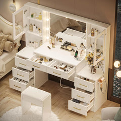 58.3" Makeup Vanity Desk with Lighted Mirror, Drawers & Storage Cabinets