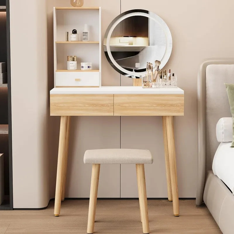 31.5" Small Vanity Desk with Lighted Mirror and Drawers – Compact Makeup Table with Adjustable LED, Stool Included