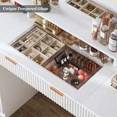 46" Fluted Makeup Vanity Desk with Glass Top, Mirror & Lights – 9 Drawers, Power Outlet & Adjustable LED