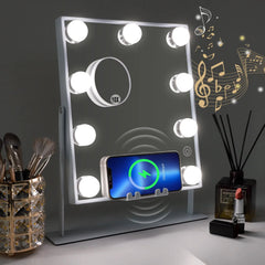 Lighted Vanity Mirror with Bluetooth and Wireless Charging Makeup Lights 9 Dimmable Bulbs 3 Color Lighting Tabletop