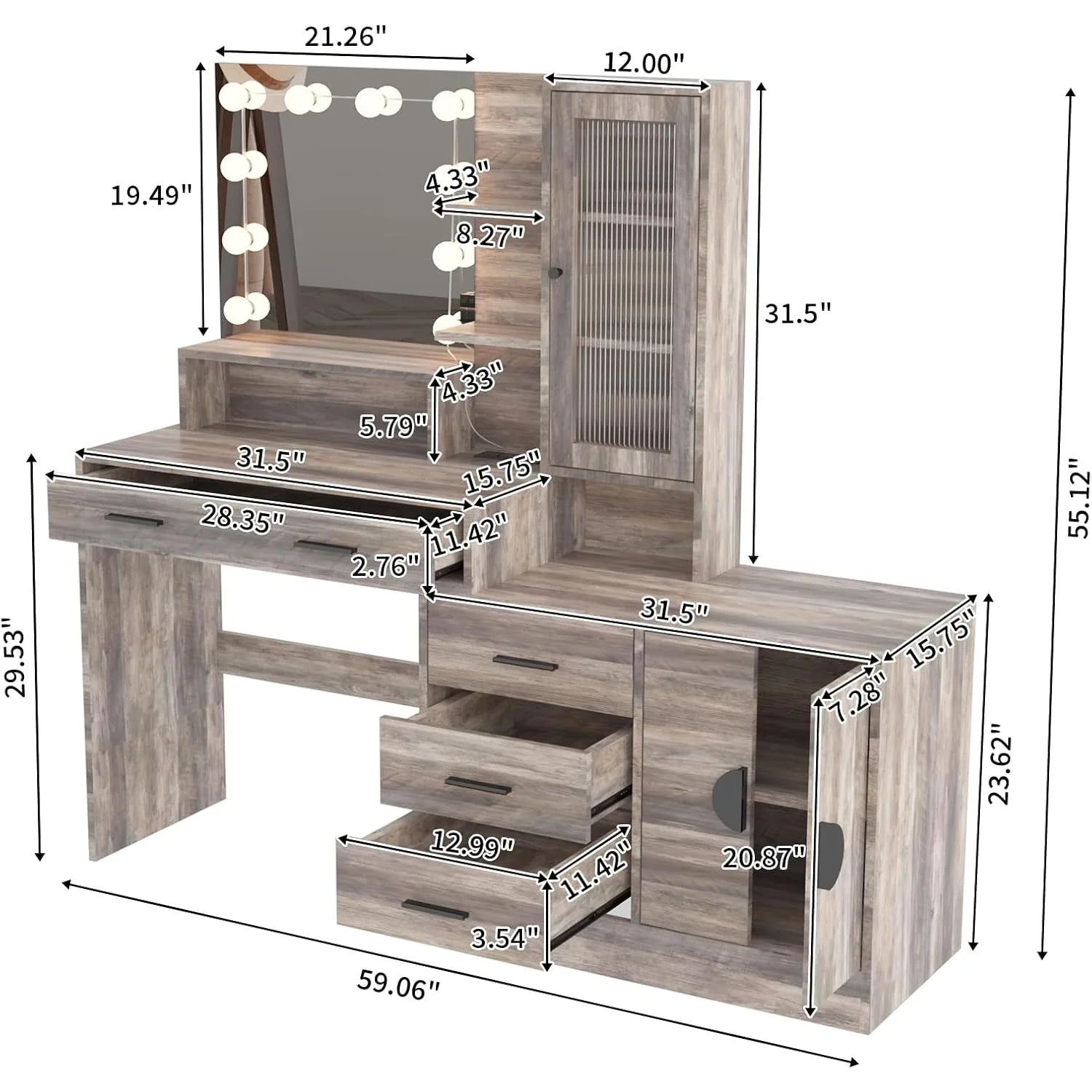 Vanity Desk with Lighted Mirror & Charging Station Makeup Vanity Table with Drawers, Storage Shelves, 10 LED Lights, and Adjustable Brightness