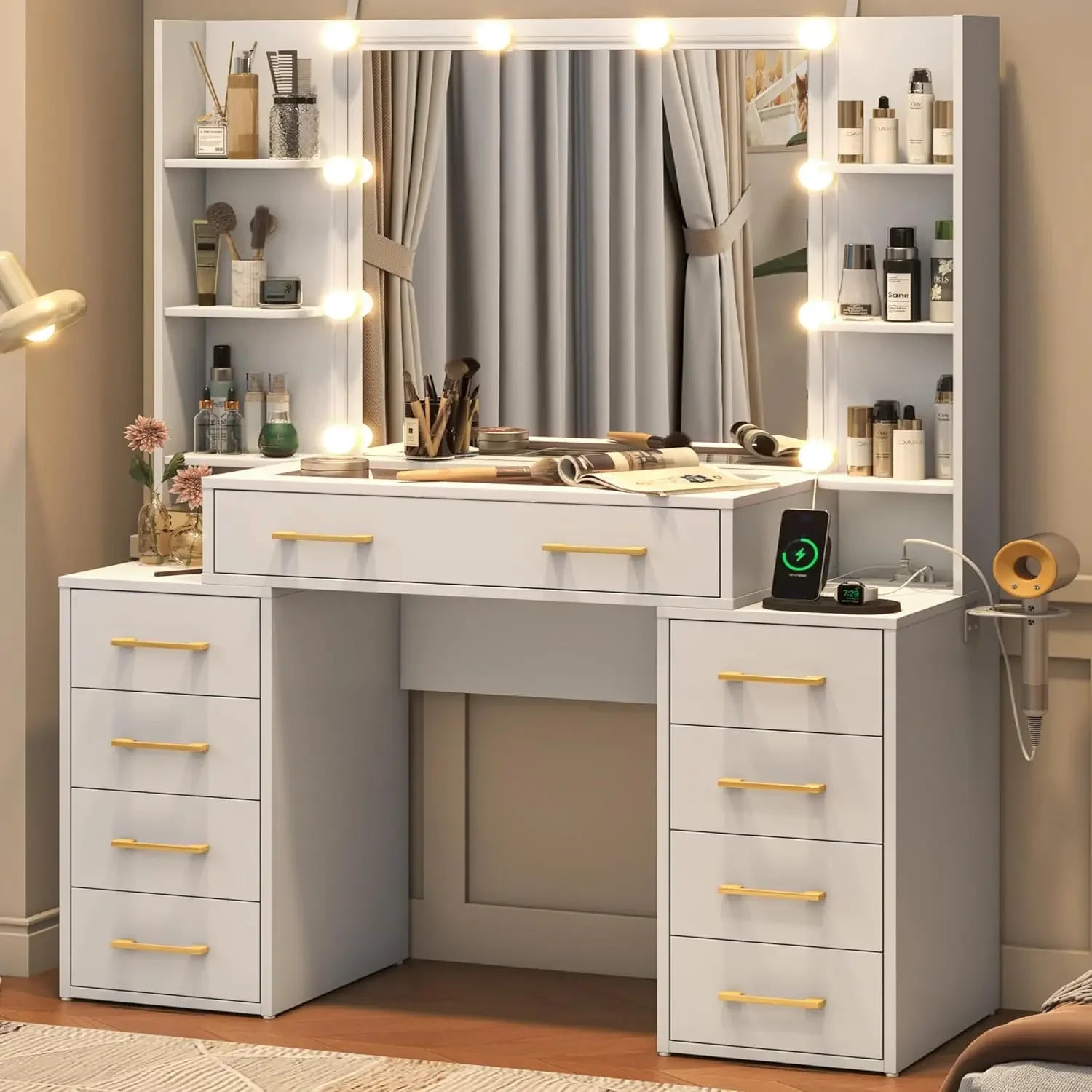 Glass Top Vanity Desk with Mirror & Lights, Large Makeup Desk with Charging Station & 9 Drawers