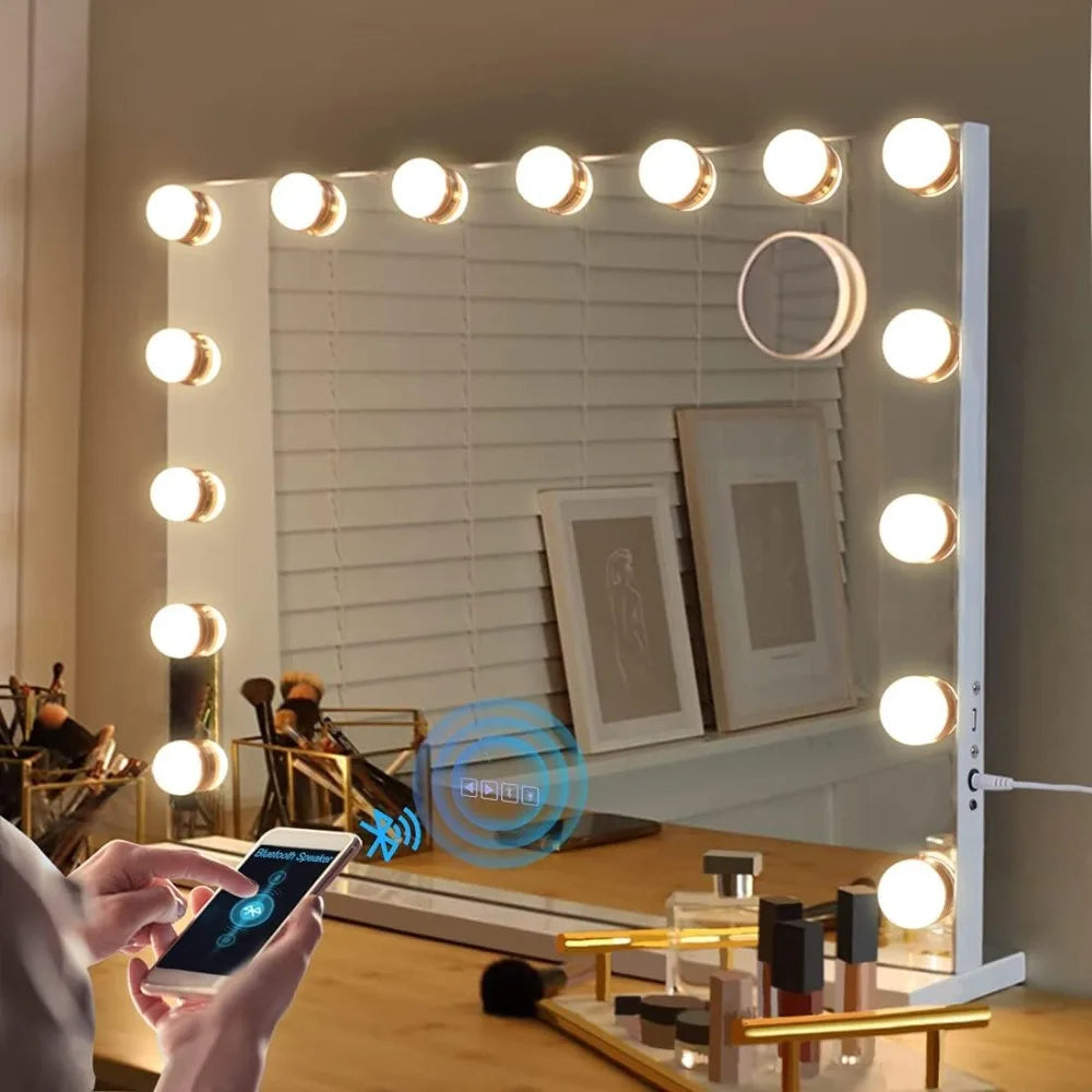 Vanity Mirror with Lights, Bluetooth Speaker & Touch Controls – 15 Dimmable Bulbs & 3 Color Modes