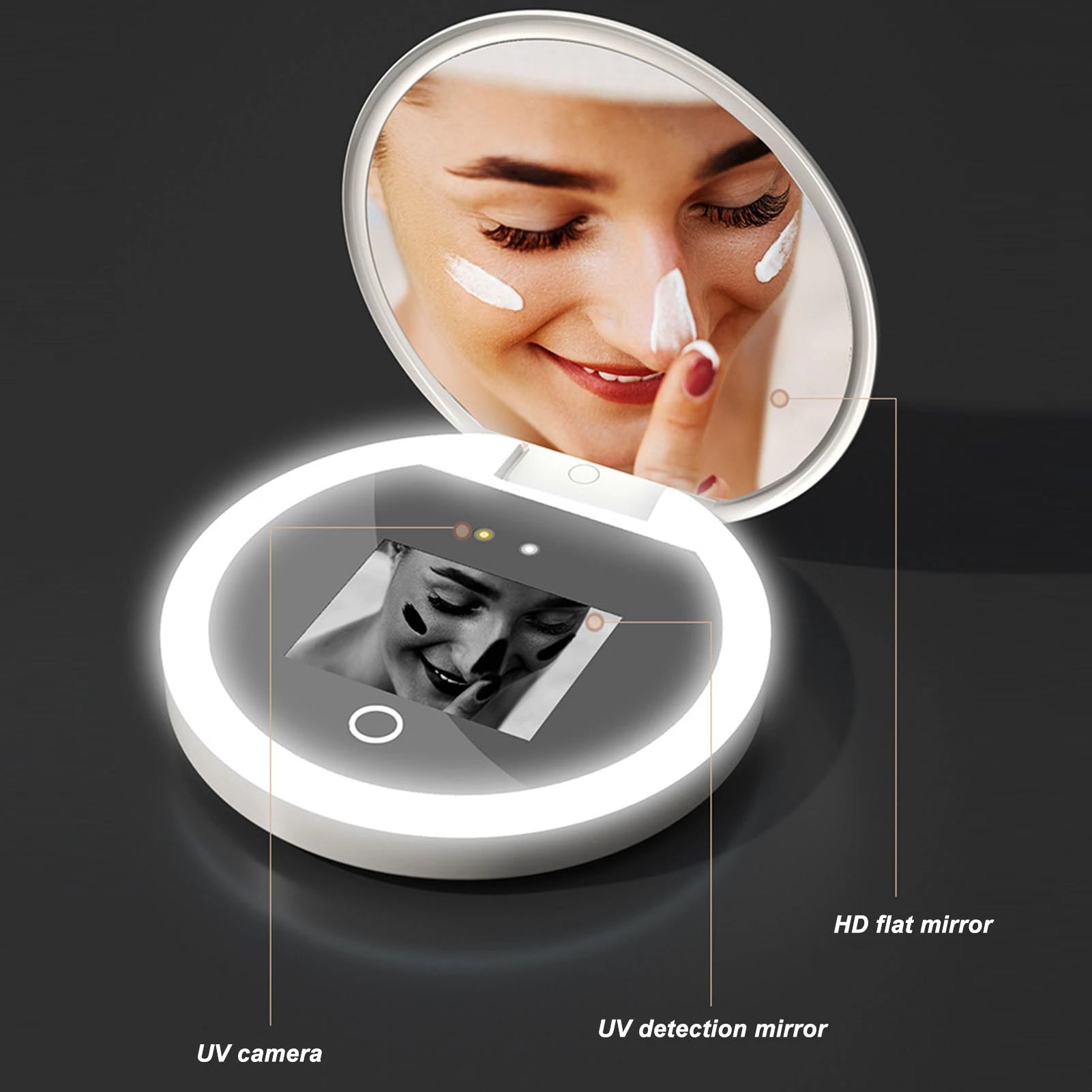 UV Mirror Sunscreen Testing Camera with Light & 2X Magnification 3.5-Inch Portable Travel Makeup Mirror with Adjustable Brightness & Rechargeable Battery