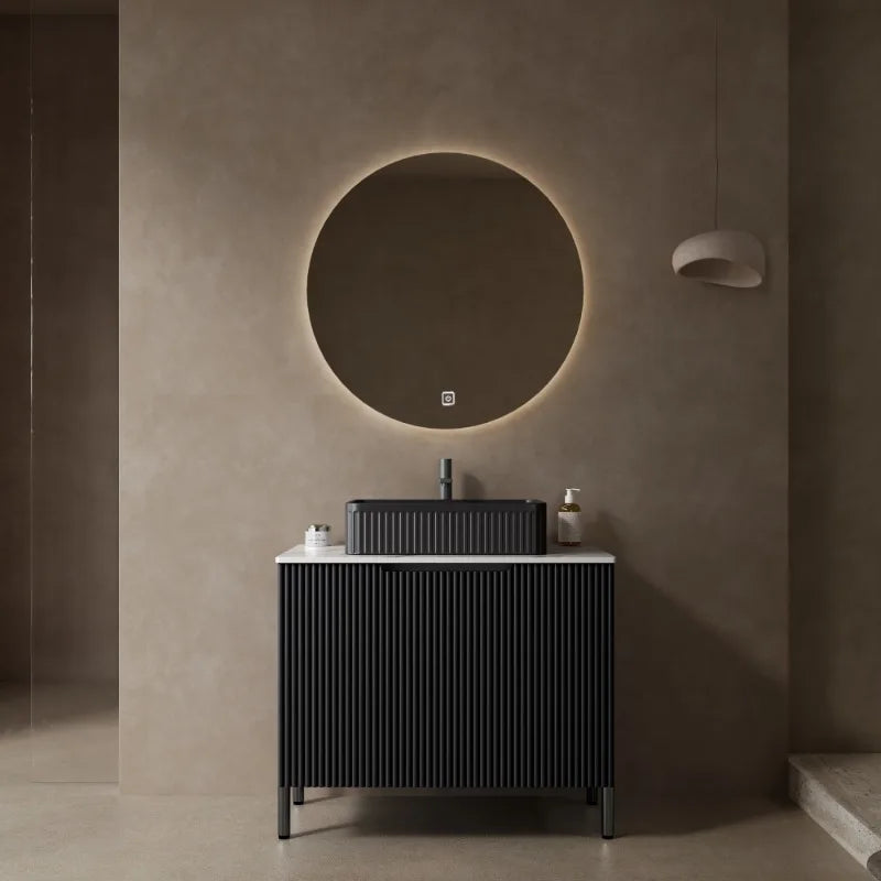 30" Freestanding Bathroom Vanity with Sink Black Ceramic Basin | Carrara White Sintered Stone Countertop | Soft-Close Doors