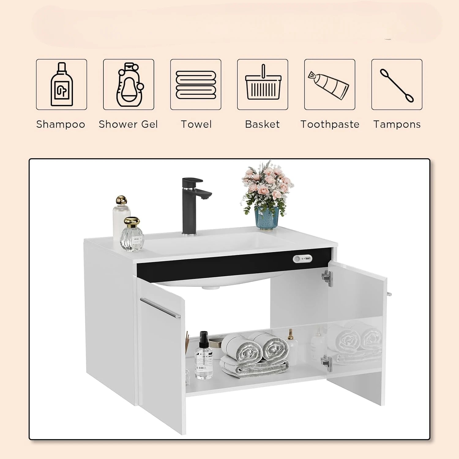 Floating Bathroom Vanity with Sink and High Gloss Finish – Wall-Mounted Vanity Cabinet with Smart Sensor Light
