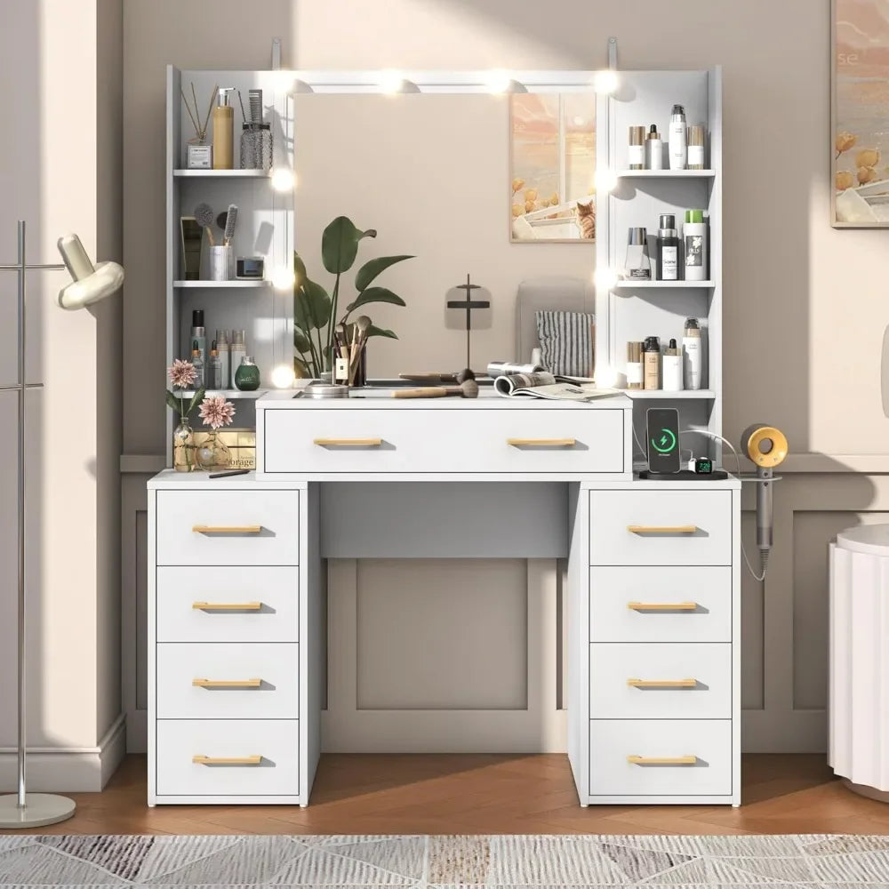 Glass Top Vanity Desk with Mirror & Lights, Large Makeup Desk with Charging Station & 9 Drawers
