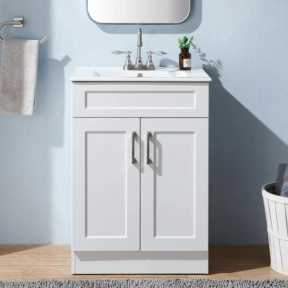 24" White Bathroom Vanity with Ceramic Sink – Modern Small Bathroom Vanity Cabinet with Double Doors