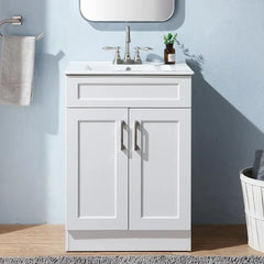 24" White Bathroom Vanity with Ceramic Sink – Modern Small Bathroom Vanity Cabinet with Double Doors