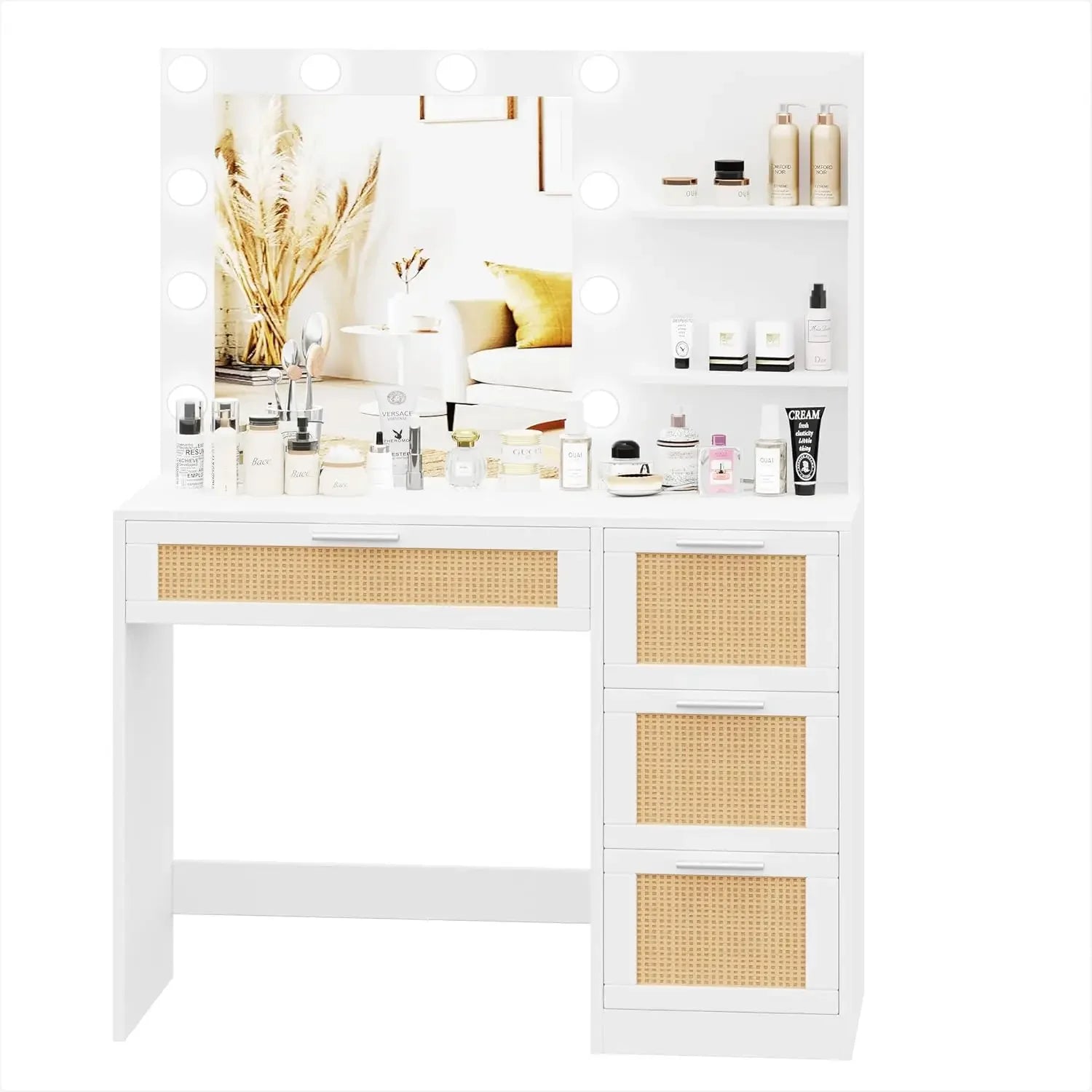 Makeup Vanity Table with Lighted Mirror, Shelf & 4 Drawers