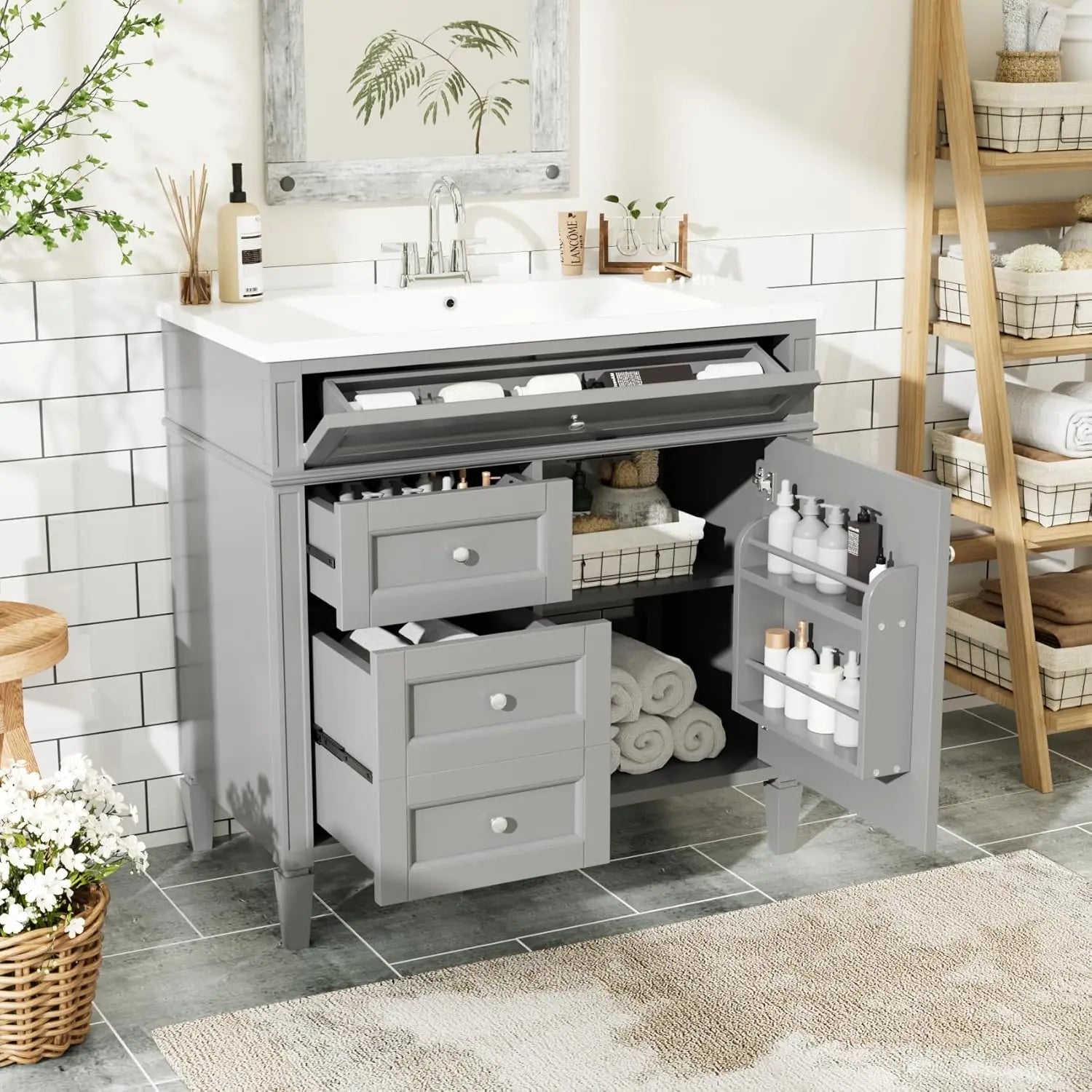 36" Freestanding Bathroom Vanity with Sink – Modern Storage Cabinet with Drawers & Flip-Down Organizer
