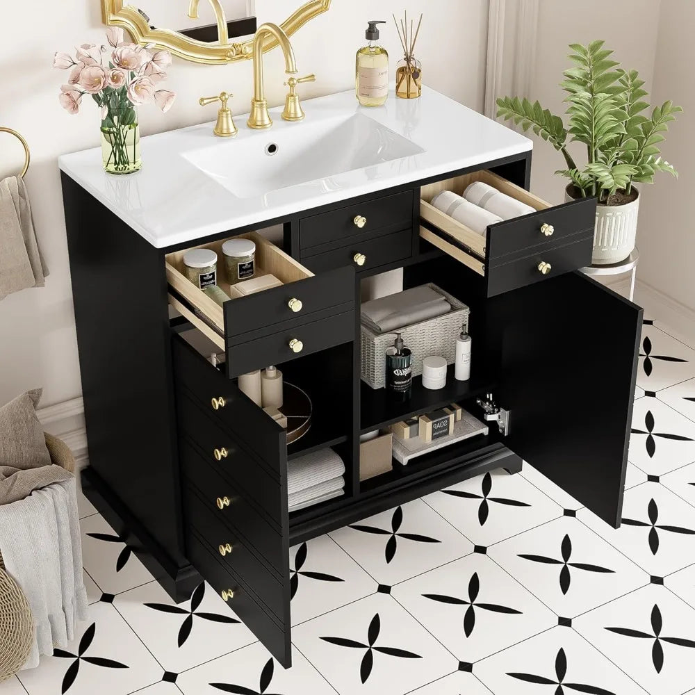 36" Freestanding Bathroom Vanity with Sink – Modern Black Vanity Cabinet with 2 Drawers & 2 Doors, Solid Wood, Farmhouse Style