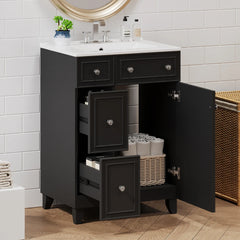 24-Inch Blue Bathroom Vanity Cabinet with Ceramic Sink, 2 Drawers & 1 Door – Solid Wood & MDF Construction