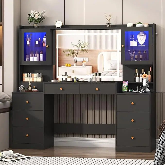 62-Inch Large Vanity Desk with Glass Top, RGB LED Lights, Power Outlet & Mirror