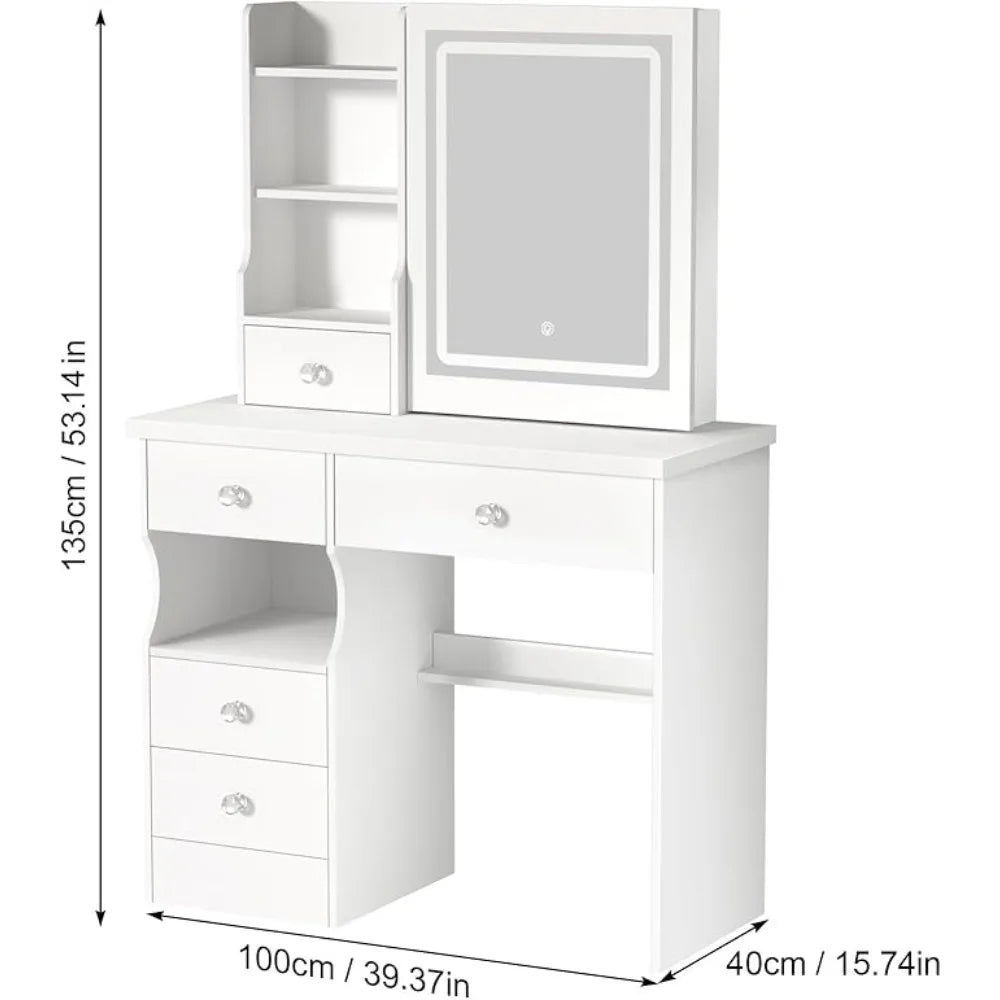 Makeup Vanity Desk with Mirror & Lights Vanity Table with 5 Drawers, Storage Shelves & 3-Color LED Lighting Modes