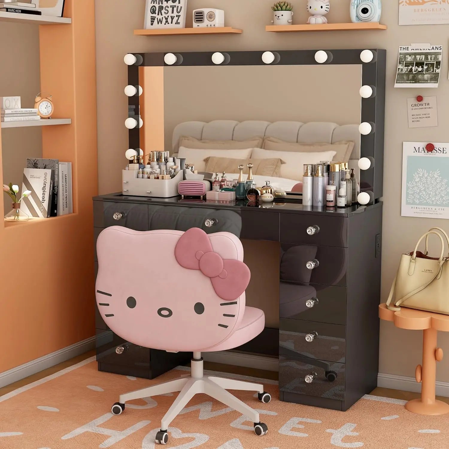 Vanity Desk with Power Outlet, Lighted Mirror & 14 LED Lights, 3 Lighting Modes, 11-Drawer Makeup Vanity Table with Sliding Jewelry Cabinets & Glass Top