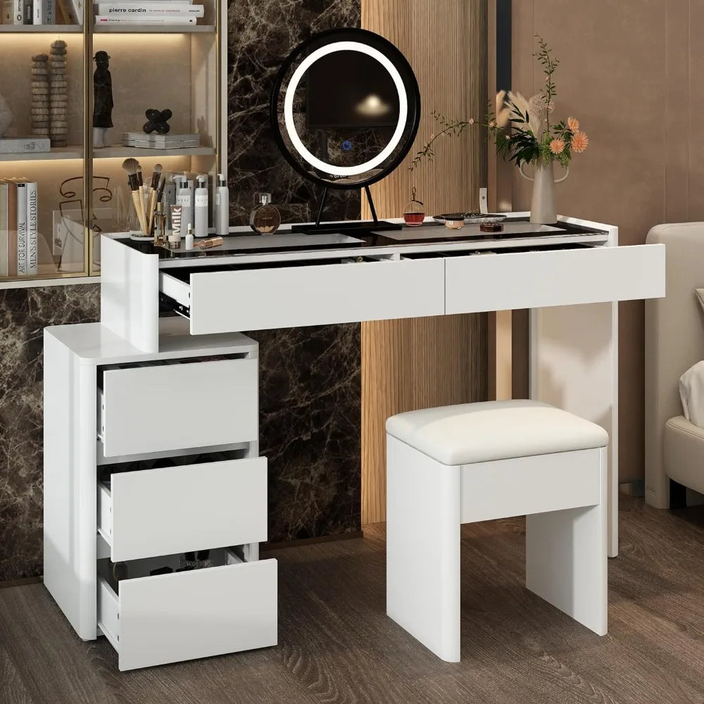 Makeup Vanity Desk Set with Lighted Mirror, Glass Top & Drawer Organizer – White Vanity Table with Movable Cabinet & Stool