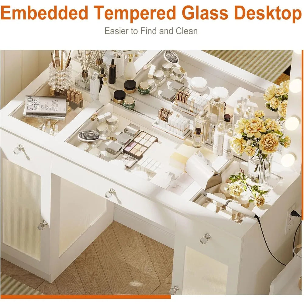 43" Glass Top Vanity Desk with Mirror, Lights & Power Outlet – 3 Drawers, Cabinets & Adjustable LED Modes
