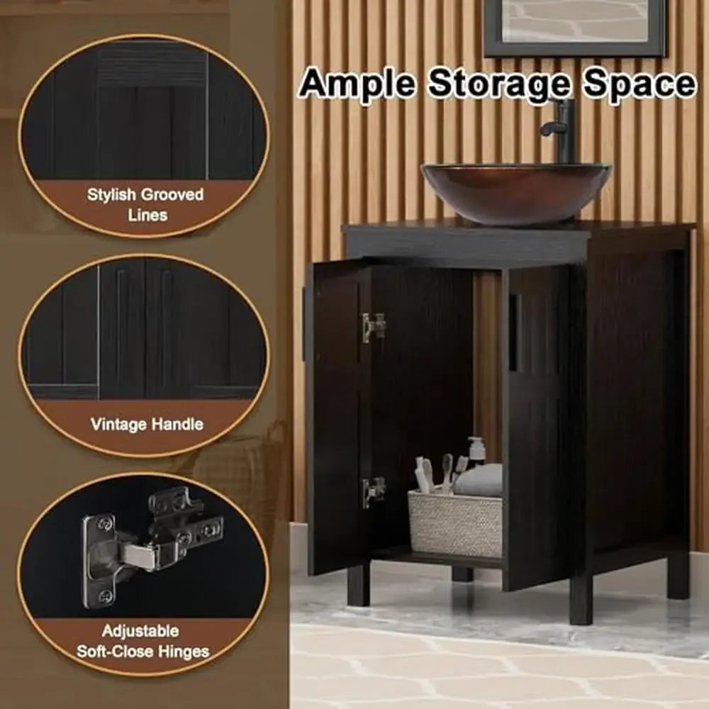 24" Black Wood Bathroom Vanity Cabinet with Ceramic Vessel Sink & Grooved Doors