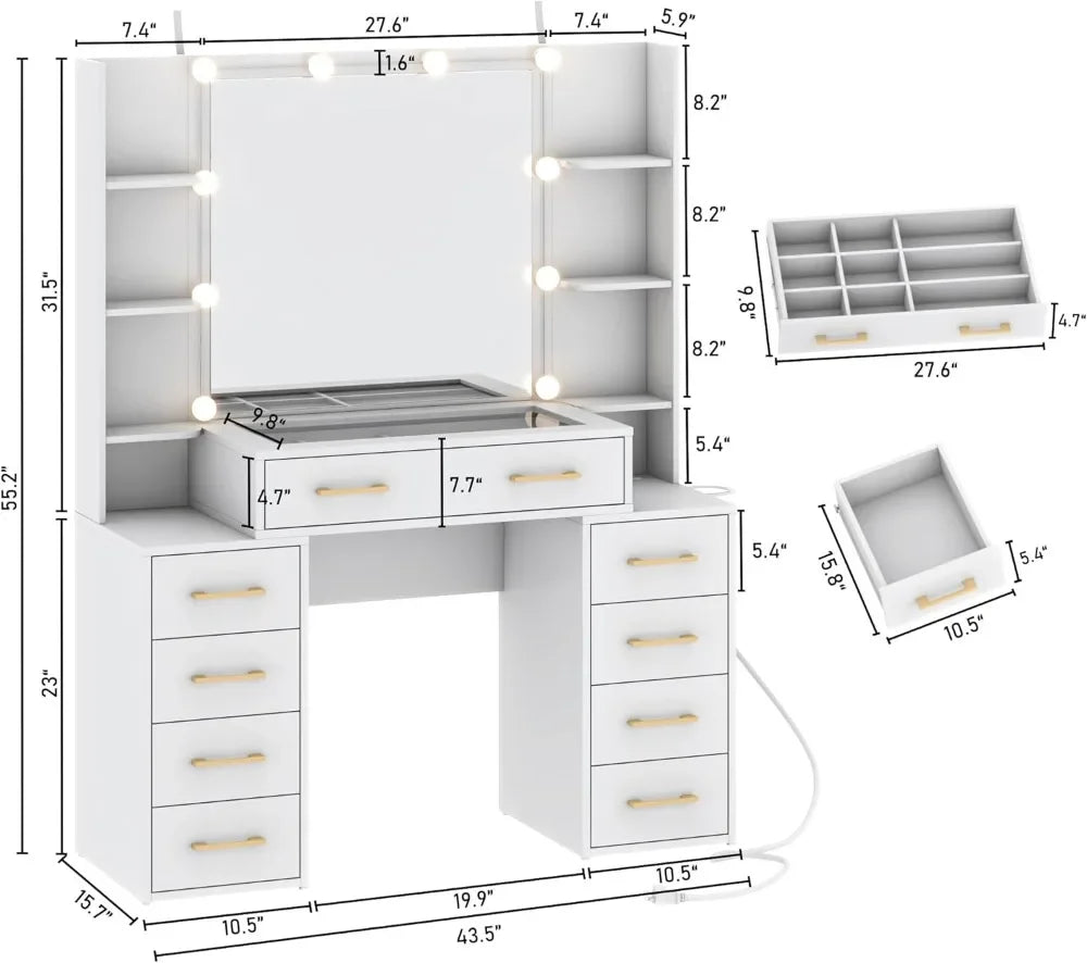 Glass Top Vanity Desk with Mirror & Lights, Large Makeup Desk with Charging Station & 9 Drawers