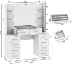Glass Top Vanity Desk with Mirror & Lights, Large Makeup Desk with Charging Station & 9 Drawers