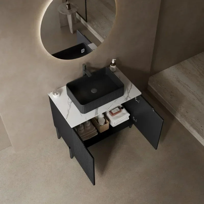 30" Freestanding Bathroom Vanity with Sink Black Ceramic Basin | Carrara White Sintered Stone Countertop | Soft-Close Doors